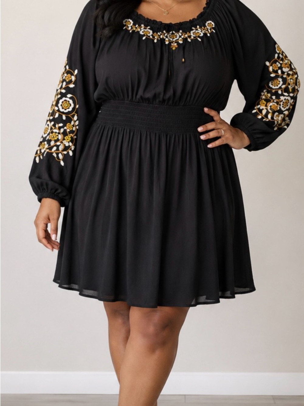 White House Black Market Embroidered Black Long-Sleeve Smocked Waist Dress XL
